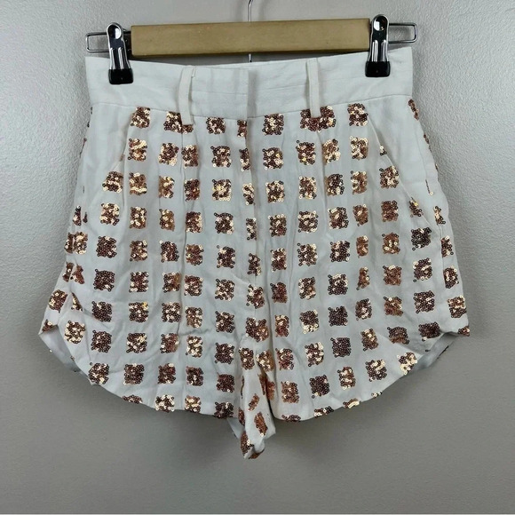 Finders Keepers Moment In Time Shorts Size XS Rose Gold Sequins High Rise White - Picture 2 of 9